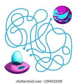 Vector cartoon ufo and planet in children's style. Vector illustrations for children books. Labyrinth. Educational game for children. 