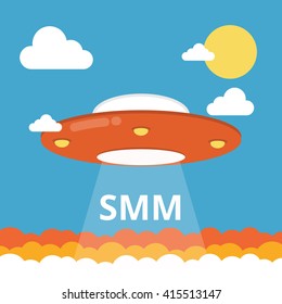 Vector Cartoon UFO. Word SMM abducted.