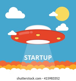 Vector Cartoon UFO. Word STARTUP abducted.