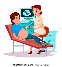 Vector cartoon ultrasound pregnancy screening concept. Female doctor, woman in medical uniform scanning young mother girl belly showing monitor smiling. Embryo baby health diagnostic illustration