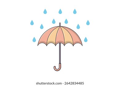 Vector cartoon umbrella with falling raindrops, colorful flat design with soft tones, cute rainy weather scene for kids illustrations, decor patterns, and creative web or print usage

