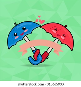 Vector Cartoon umbrellas with ribbon and abstract background