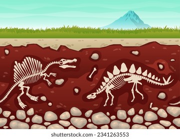 Vector Cartoon Of Underground Dinosaurs Fossil, Seamless Vector