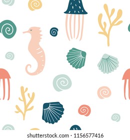 Vector cartoon underwater creatures seamless pattern. Sea animals background with sea horse, shell, corals, jellyfish. Texture with marine silhouettes in the minimal style
