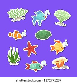 Vector cartoon underwater creatures and seaweed stickers set illustration isolated on background