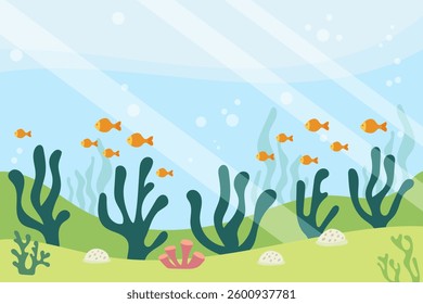 Vector cartoon underwater landscape with corals, algae and fish.