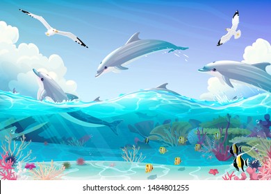 vector cartoon underwater sea, dolphins nautical clipart