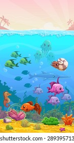 Vector cartoon underwater tropical illustration, vertical wallpaper, mobile phone size