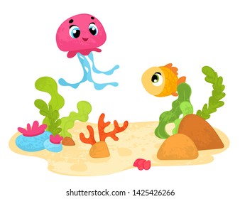 Vector cartoon underwater world in children's style. Vector illustrations for children books or posters.