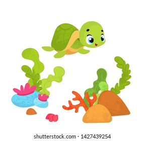 Vector cartoon underwater world in children's style. Vector illustrations for children books or posters.
