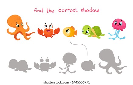 Vector cartoon underwater world in children's style. Find the correct shadow. Educational game for children. Vector illustrations for children books. 