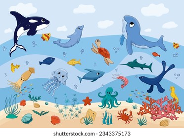 Caricatura vectorial escena submarina, vida marina oceánica. Corales submarinos, algas marinas, peces, pulpos, caballitos de mar, medusas, tortuga, pez estrella, calamar, gambas, delfín, ballena asesina, ballena, gotas, conchas.