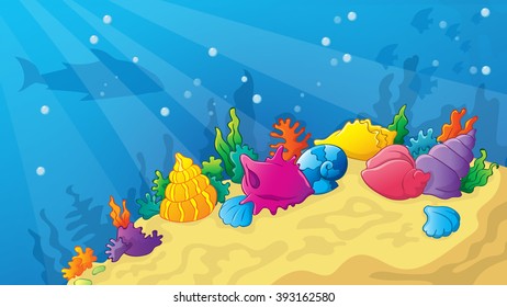 Vector cartoon underwater world with shells and corals