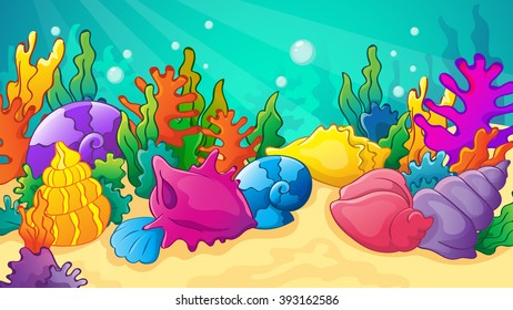 Vector cartoon underwater world with shells and corals