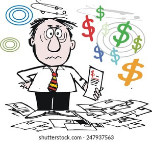Vector cartoon of unhappy man with bills and debts