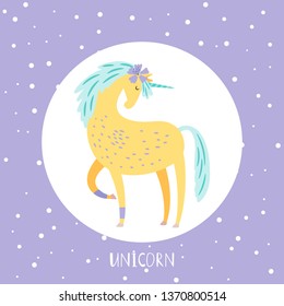 Vector cartoon unicorn card design in round. Illustration of horse unicorn, cartoon fairytale animal