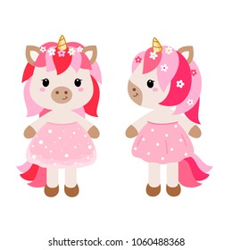 Vector cartoon unicorn girls in pink dress.
