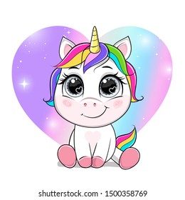 Vector cartoon unicorn over rainbow background in the heart shape.