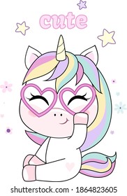 Vector cartoon unicorn with rainbow hair. Illustration isolated on white background.