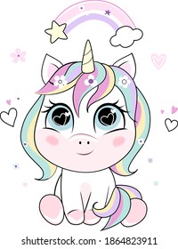 Vector cartoon unicorn with rainbow hair. Illustration isolated on white background.