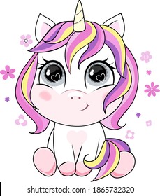 Vector cartoon unicorn with rainbow hair. Illustration isolated on white background.