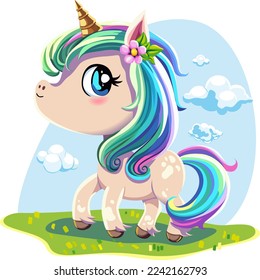 Vector cartoon unicorn with rainbow hair on background with grass and sky.