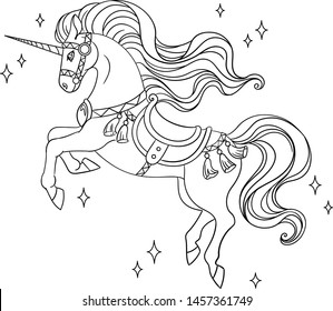 Vector cartoon unicorn with saddle. Isolated outline for coloring book