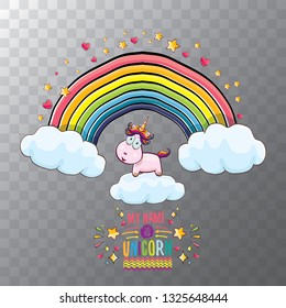 vector cartoon unicorn sitting on cloud in sky with rainbow and clouds. My name is unicorn vector concept illustration. funky hand drawn kids background 