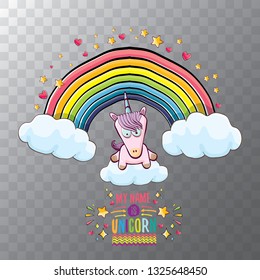 vector cartoon unicorn sitting on cloud in sky with rainbow and clouds. My name is unicorn vector concept illustration. funky hand drawn kids background 