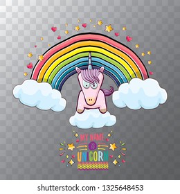 vector cartoon unicorn sitting on cloud in sky with rainbow and clouds. My name is unicorn vector concept illustration. funky hand drawn kids background 