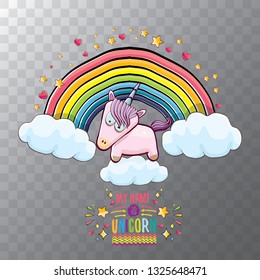 vector cartoon unicorn sitting on cloud in sky with rainbow and clouds. My name is unicorn vector concept illustration. funky hand drawn kids background 
