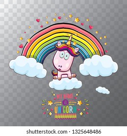 vector cartoon unicorn sitting on cloud in sky with rainbow and clouds. My name is unicorn vector concept illustration. funky hand drawn kids background 
