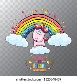 vector cartoon unicorn sitting on cloud in sky with rainbow and clouds. My name is unicorn vector concept illustration. funky hand drawn kids background 
