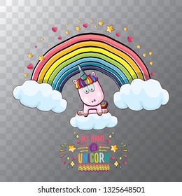 vector cartoon unicorn sitting on cloud in sky with rainbow and clouds. My name is unicorn vector concept illustration. funky hand drawn kids background 