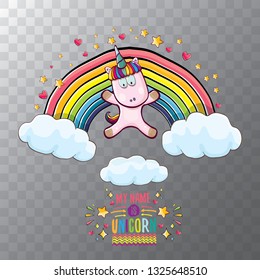 vector cartoon unicorn sitting on cloud in sky with rainbow and clouds. My name is unicorn vector concept illustration. funky hand drawn kids background 