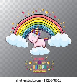 vector cartoon unicorn sitting on cloud in sky with rainbow and clouds. My name is unicorn vector concept illustration. funky hand drawn kids background 