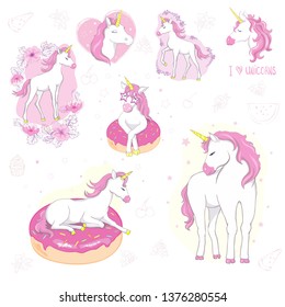 Vector cartoon unicorns, magic objects set.