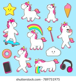 Vector cartoon unicorns, magic objects set. Unicorns walking puking rainbow, eating doughnut, skateboarding, playing with magic wand. Cloud, star with face emotions, headphones, smartphone, ice cream