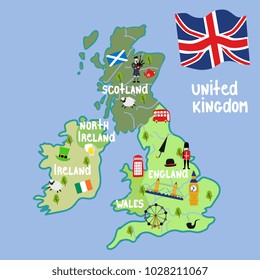 vector cartoon United Kingdom map with national symbols. Marching beefeater, british phone booth, Tower Bridge and Big Ban Tower of London, union jack, Scotland, Ireland flags, bagpiper, clover icon.