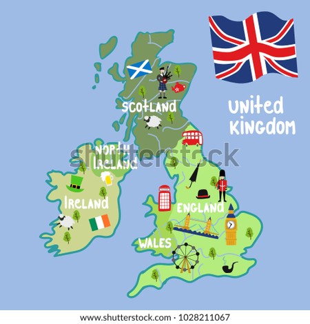 vector cartoon United Kingdom map with national symbols. Marching beefeater, british phone booth, Tower Bridge and Big Ban Tower of London, union jack, Scotland, Ireland flags, bagpiper, clover icon.