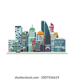 Vector cartoon urban landscape background design template. Illustration building modern skyscaper business office apartment, construction architecture, residental cottage ,car and trees isolated