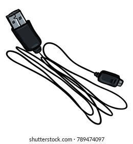 Vector Cartoon USB Wire for Mobile Phones on White Background
