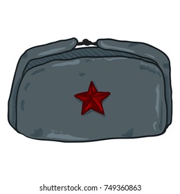Vector Cartoon USSR Winter Military Hat with Red Star Badge.