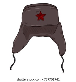 Vector Cartoon USSR Winter Military Hat with Star Badge. Ear Flap Headwear.