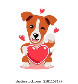 Vector cartoon valentine cute basenji dog holding a big red heart for design.