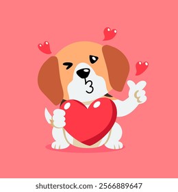 Vector cartoon valentine cute beagle dog holding a big red heart for design.