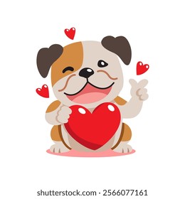 Vector cartoon valentine cute bulldog holding a big red heart for design.