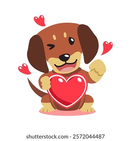 Vector cartoon valentine cute dachshund dog holding a big red heart for design.