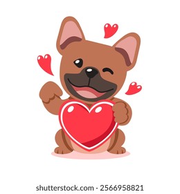 Vector cartoon valentine cute french bulldog holding a big red heart for design.