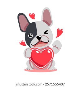 Vector cartoon valentine cute french bulldog holding a big red heart for design.